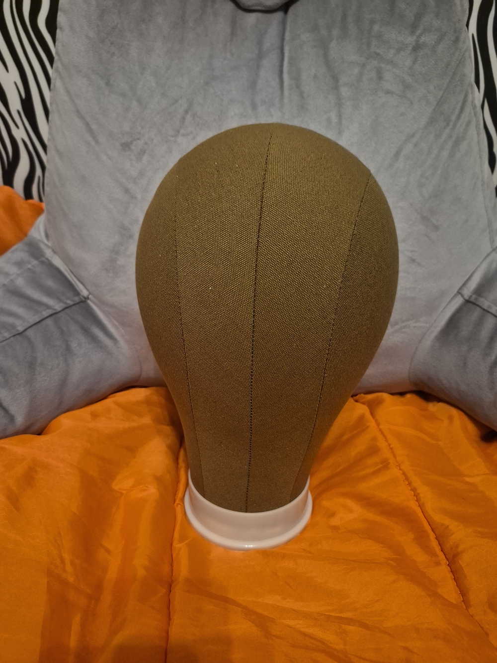 Neutral Brown Fabric Wig Block Head on White Base